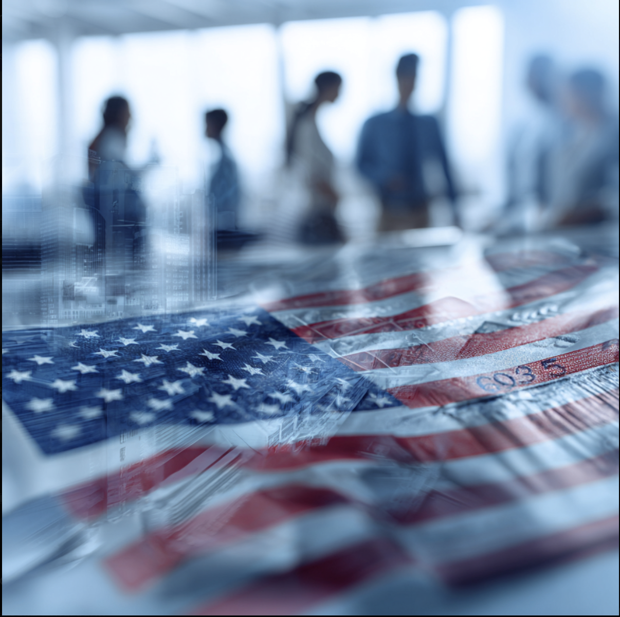 an abstract image of office workers in the background alongside the US flag