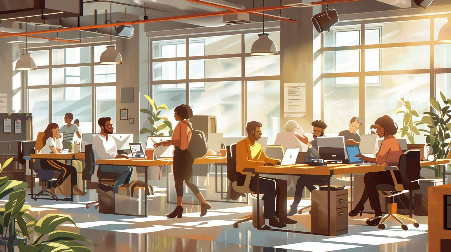 Realistic illustration of several employees working and interacting in a bright, modern open-plan office, with a busy but collaborative atmosphere.